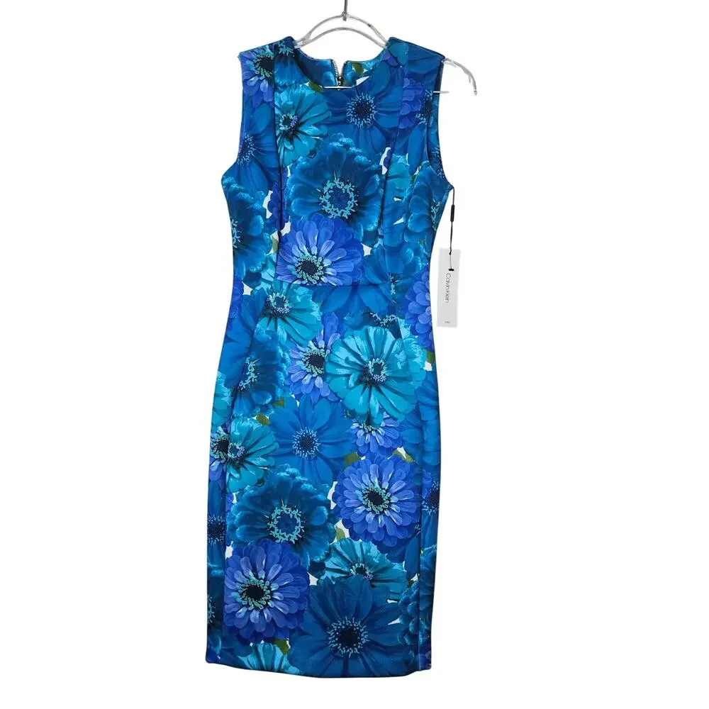 NEW Calvin Klein 2 Blue Floral Sheath Dress Scuba Career Preppy Professional - Picture 3 of 6